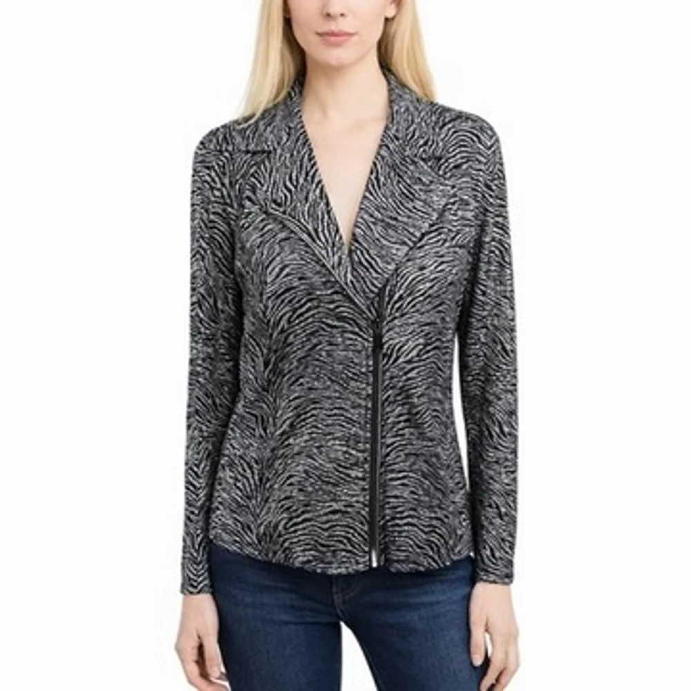 Chicos Black Silver Animal Print Moto Blazer Jacket Artsy Womens size 3 = XL